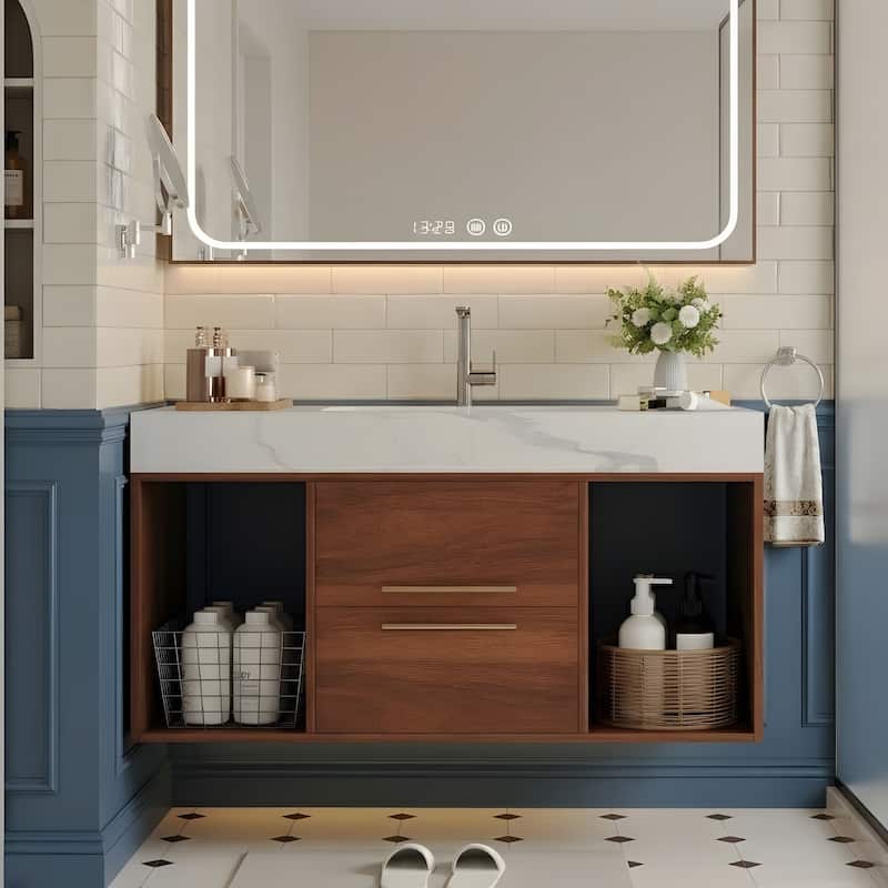 39.4" Ceramic Sink Bathroom Vanity, Floating Bathroom Vanity - White/Walnut