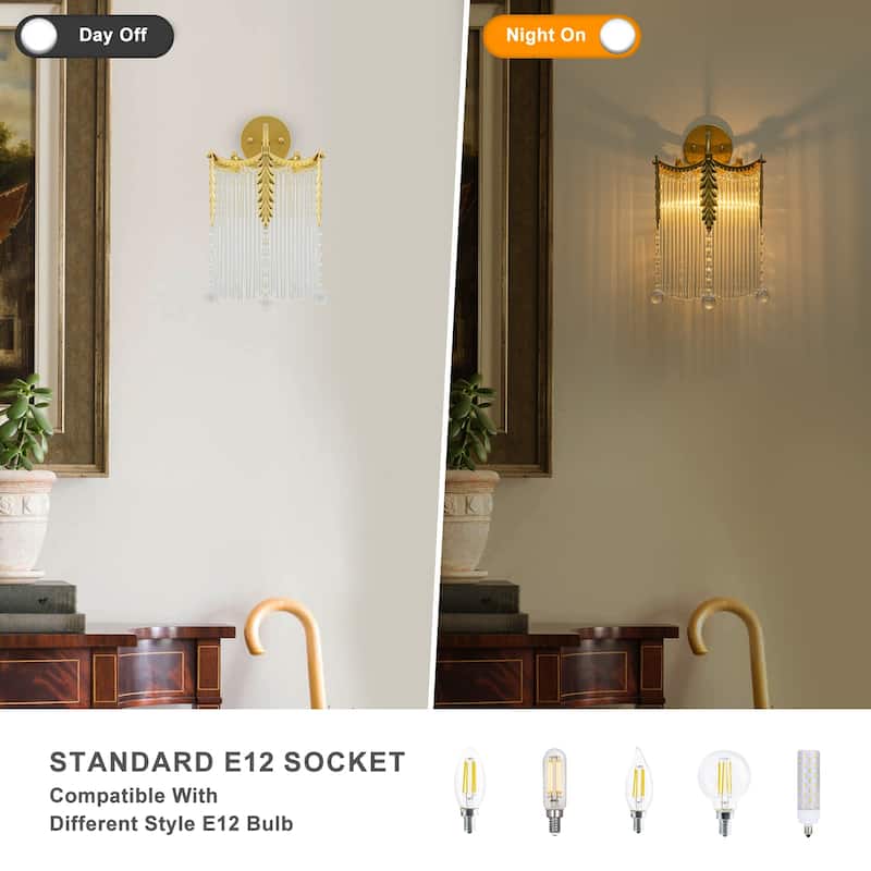 Crystal Wall Sconce Leaf Accents Clear Glass Rod Hanging Crystal Balls