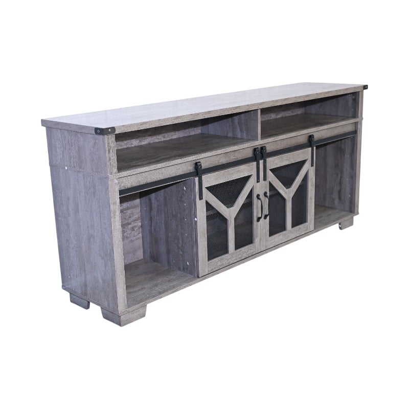 TV Stand with LED Light Strips, Multi-functional Entertainment Center, Console Table with Iron Mesh Barn Door & Open Shelf