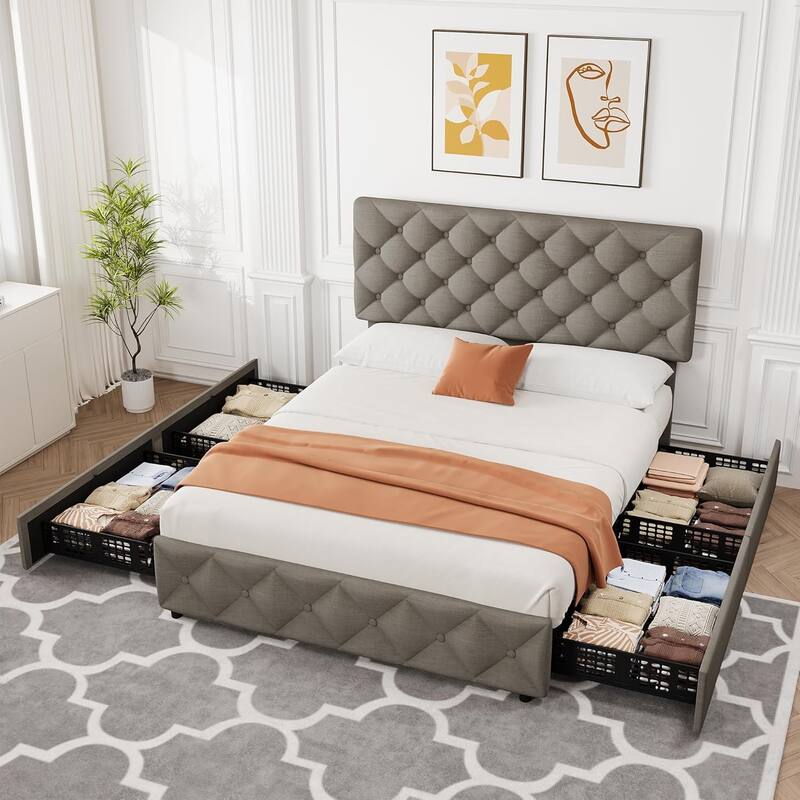 Garvee Bed Frame with 4 Storage Drawers and Headboard, Linen Upholstered Platform Bed Frame