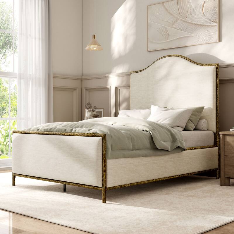 247 Shop At Home Lalia Modern Beige Upholstered Hammered Metal Camelback Bed - Matte Gold - Full