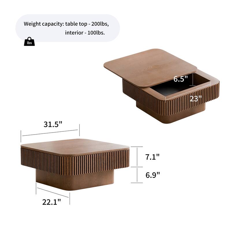 31.5" Square Coffee Table with Storage, Modern Solid Wood Veneer Accent Table