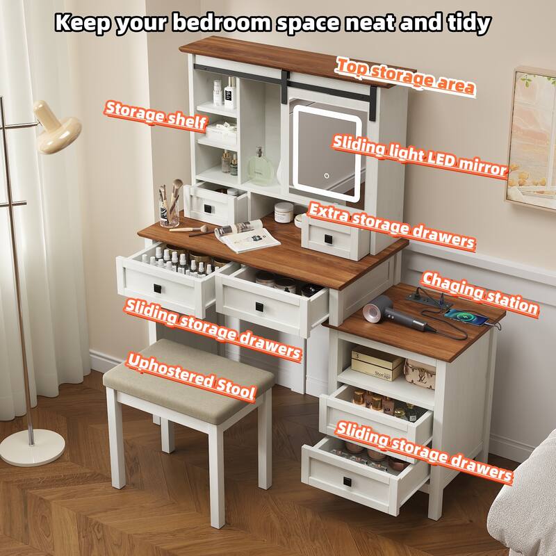 46.5'' Farmhouse Makeup Vanity Desk with Adjustible LED Lighted Mirror and Charging Station for Bedroom