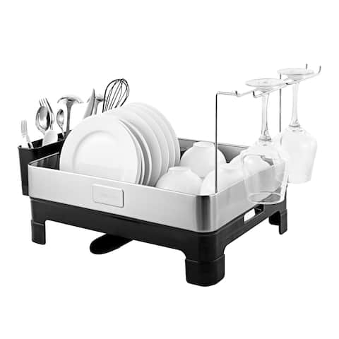happimess Simple 20.5" Fingerprint-Proof Stainless Steel Dish Rack with Swivel Spout Tray and Glass Holder,Stainless Steel/White