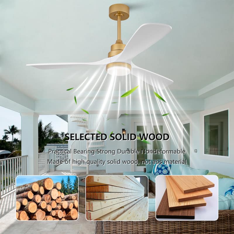 52 Inch Indoor Ceiling Fan With Dimmable LED Light 3 Solid Wood Blades Remote Control Reversible DC Motor - Gold+White