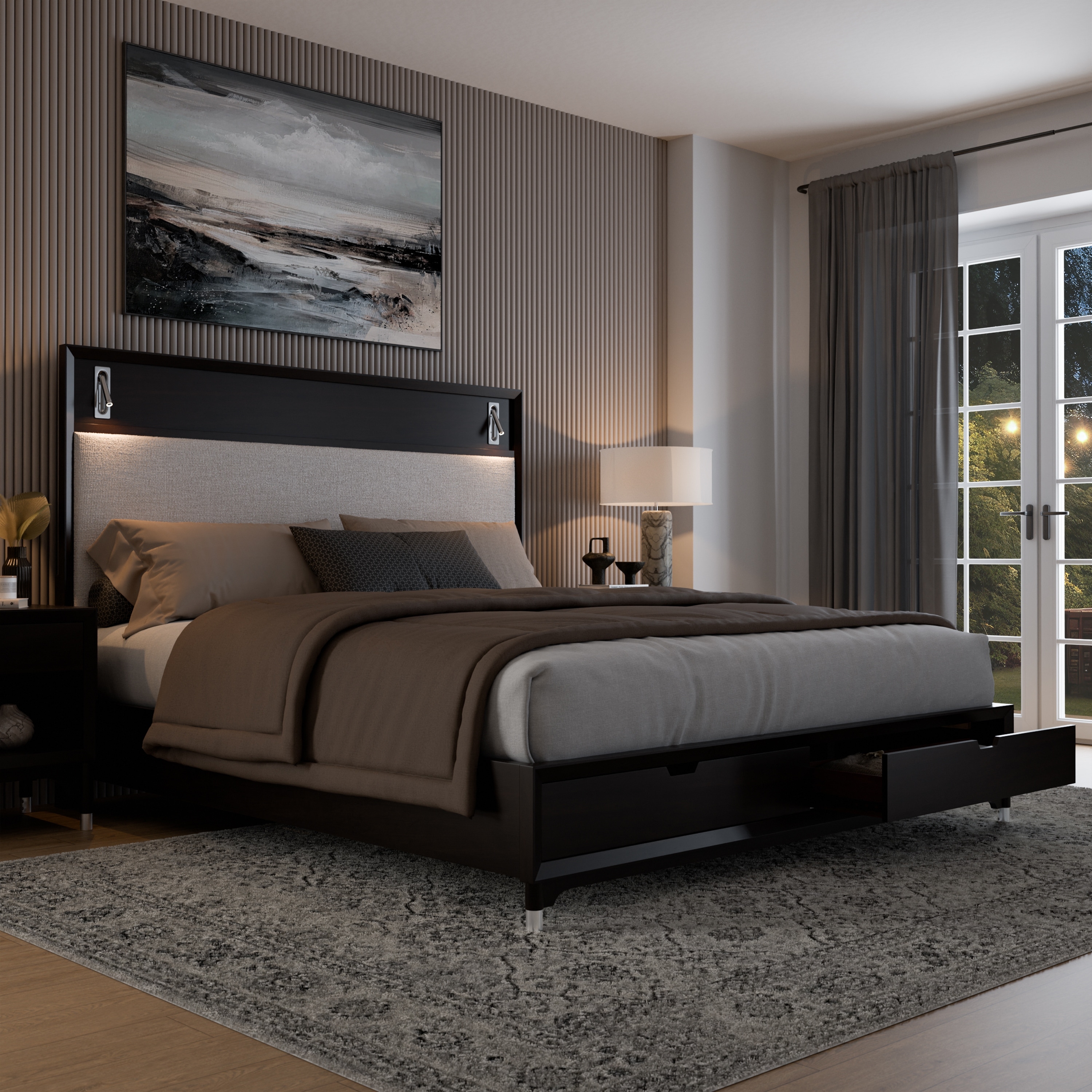 Furniture of America Forma Mid-Century Modern Black Boucle Storage Platform Bed with LED Reading Light