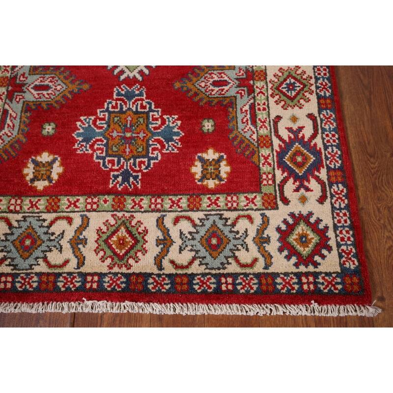 Geometric Red Kazak Accent Rug Home Decor Hand-Knotted Wool Carpet - 2'10" x 4'5"