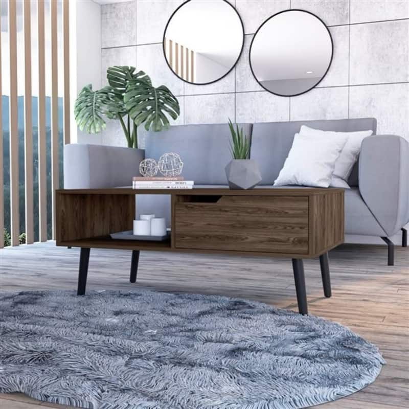 40-Inch Coffee Table with Functional Storage Brown and Black Design Rectangular Wooden Table with Shelf and Drawer