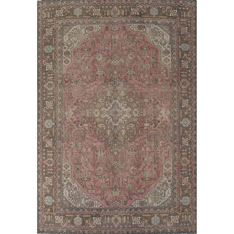 Distressed Pink Tabriz Vintage Persian Rug Hand-Knotted Wool Carpet - 9'2" x 12'8"