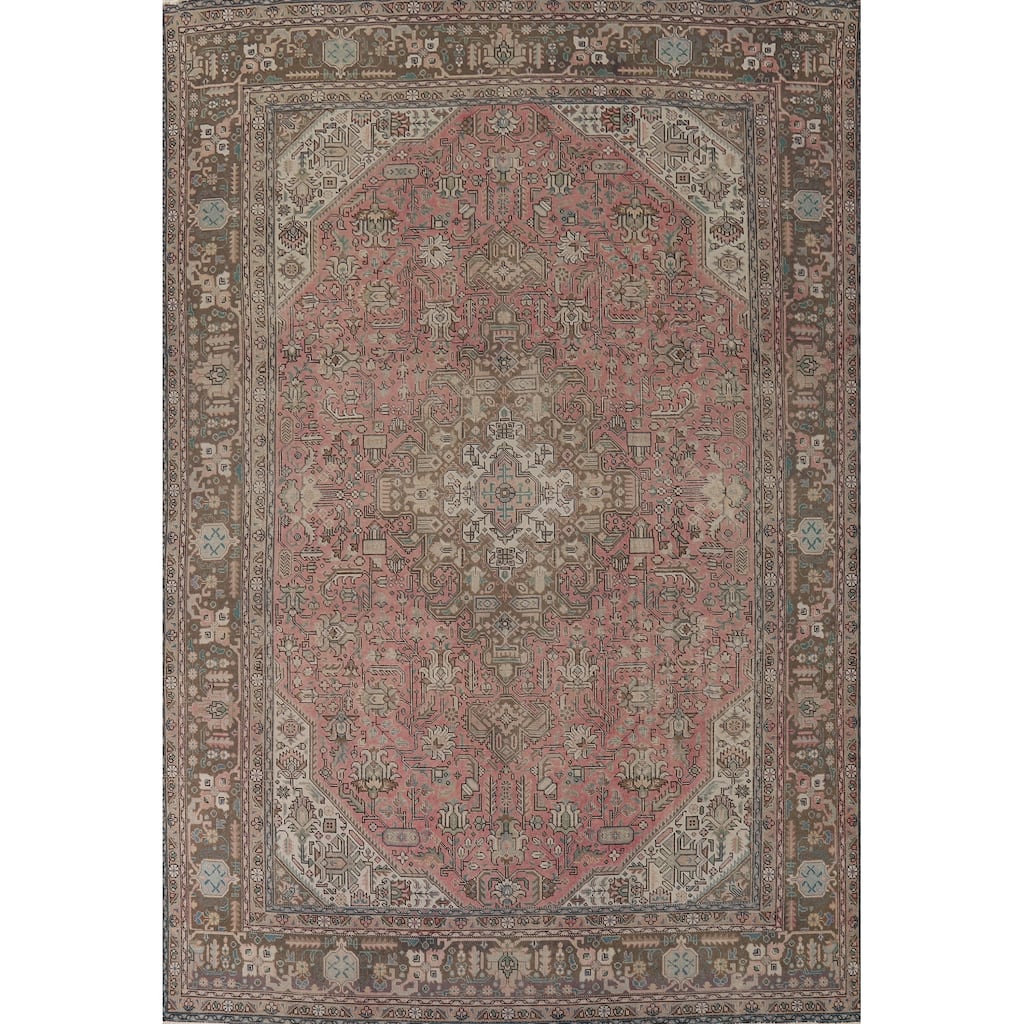 Distressed Pink Tabriz Vintage Persian Rug Hand-Knotted Wool Carpet - 9'2" x 12'8"