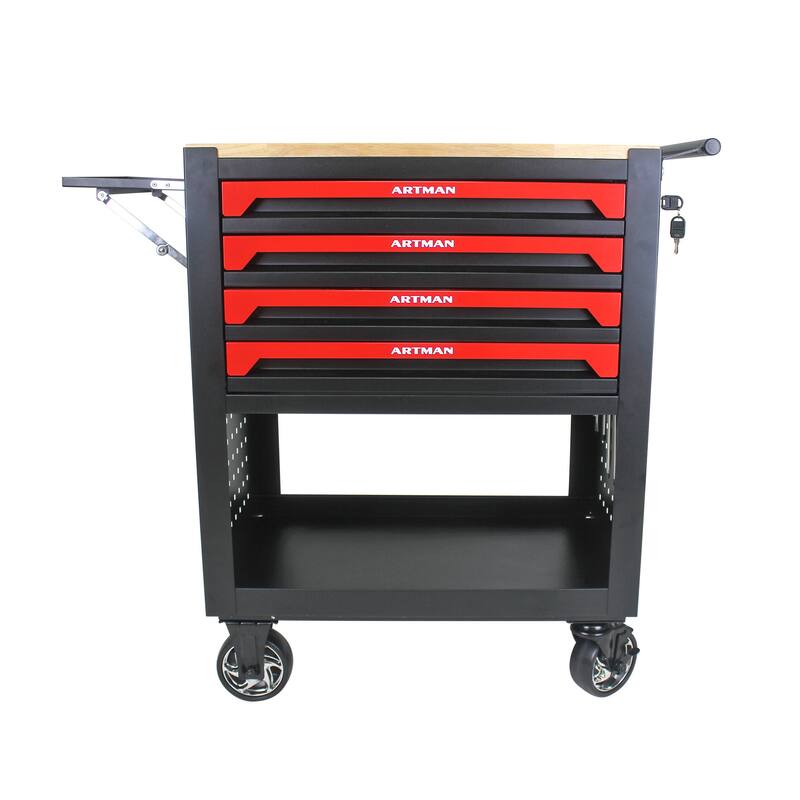 4 Drawers Multifunctional Tool Cart with Wheels and Wooden Top Multiple Uses - Home office or garage - Red