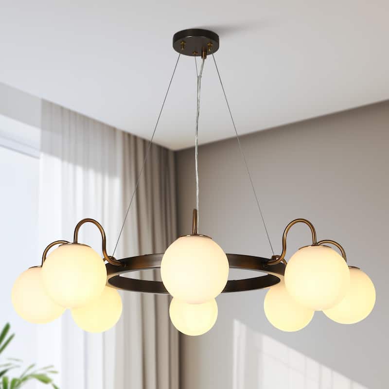 Aladari Mid-Century Modern 8-Light Wheel Chandelier Opal Orb Glass Lights - Black&Brass - 34.2"D*68"H
