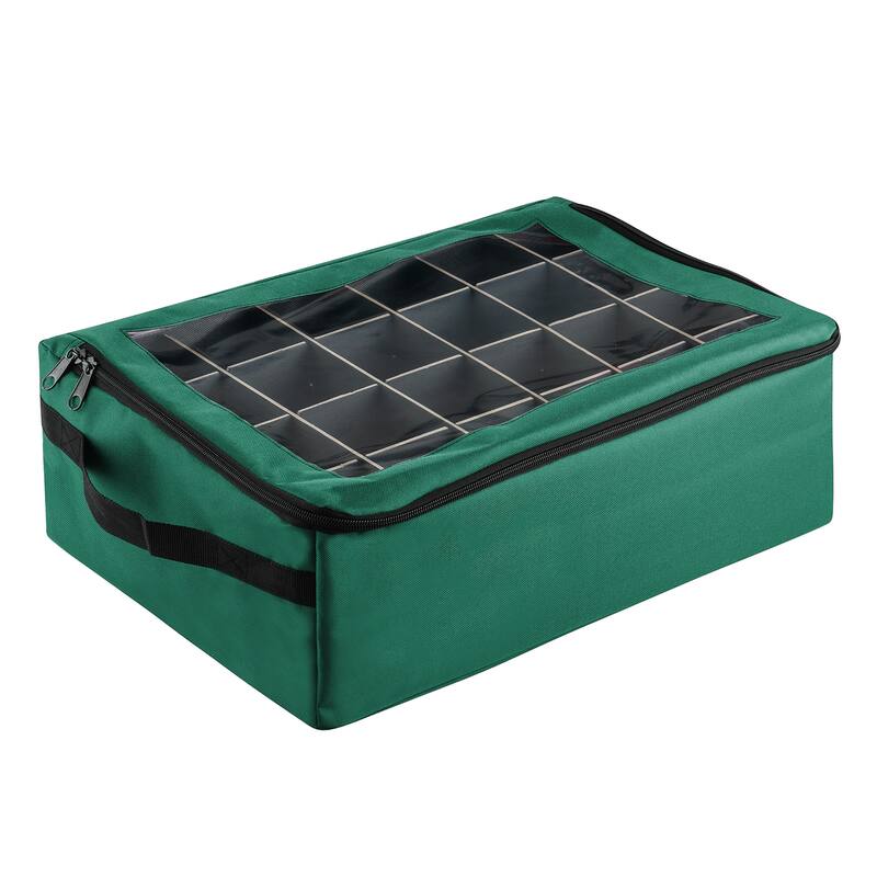 Ornament Storage Box - Zippered Organizer with 48 Individual Compartments and Dividers by Tiny Tim Totes (Green) - Green