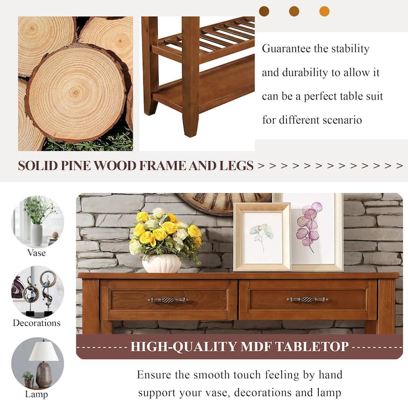 Mid-Century Console Sofa Table with Drawers and Shelves, 42 Inch Solid Wood Sideboard for Entryway and Hallway