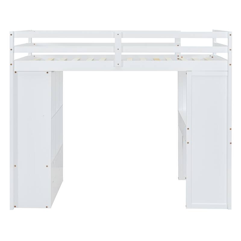 Full Size Loft Bed with large shelves, writing desk and LED Light, Gray
