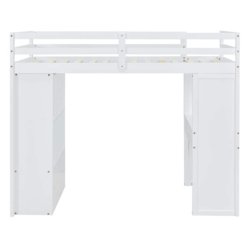 Twin Size Solid Wood Loft Bed with large shelves, writing desk and LED Light for Bedroom
