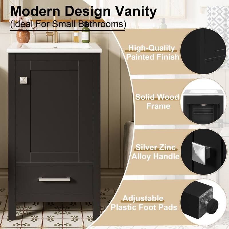 18" Small Bathroom Vanity with Ceramic Sink, Freestanding Storage Cabinet with Soft Close Drawer and Door, Adjustable Shelf