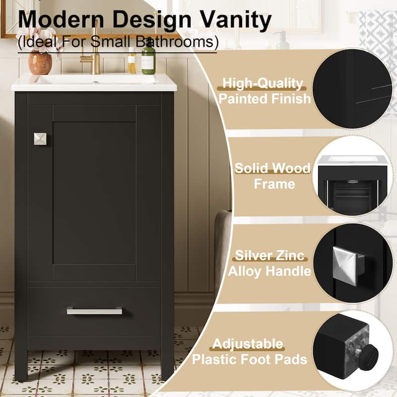 18-Inch Modern Bathroom Vanity with Ceramic Sink, Soft-Close Drawers and Door Organizer, Divider Drawer