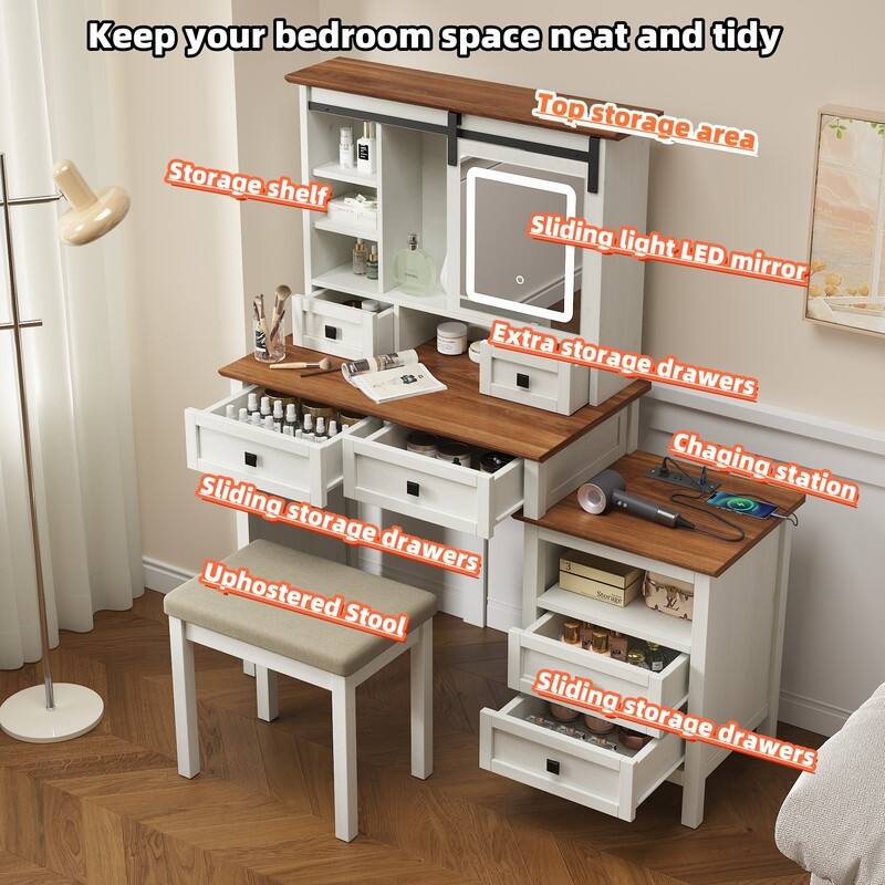 46.5'' Farmhouse Makeup Vanity Desk with Adjustible LED Lighted Mirror and Charging Station, Stool for Bedroom