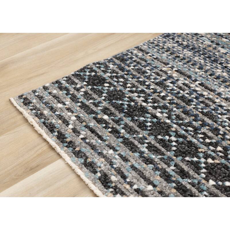 Blue Beige Grey Ribbed Textured Area Rug, 5'3" x 7'7"