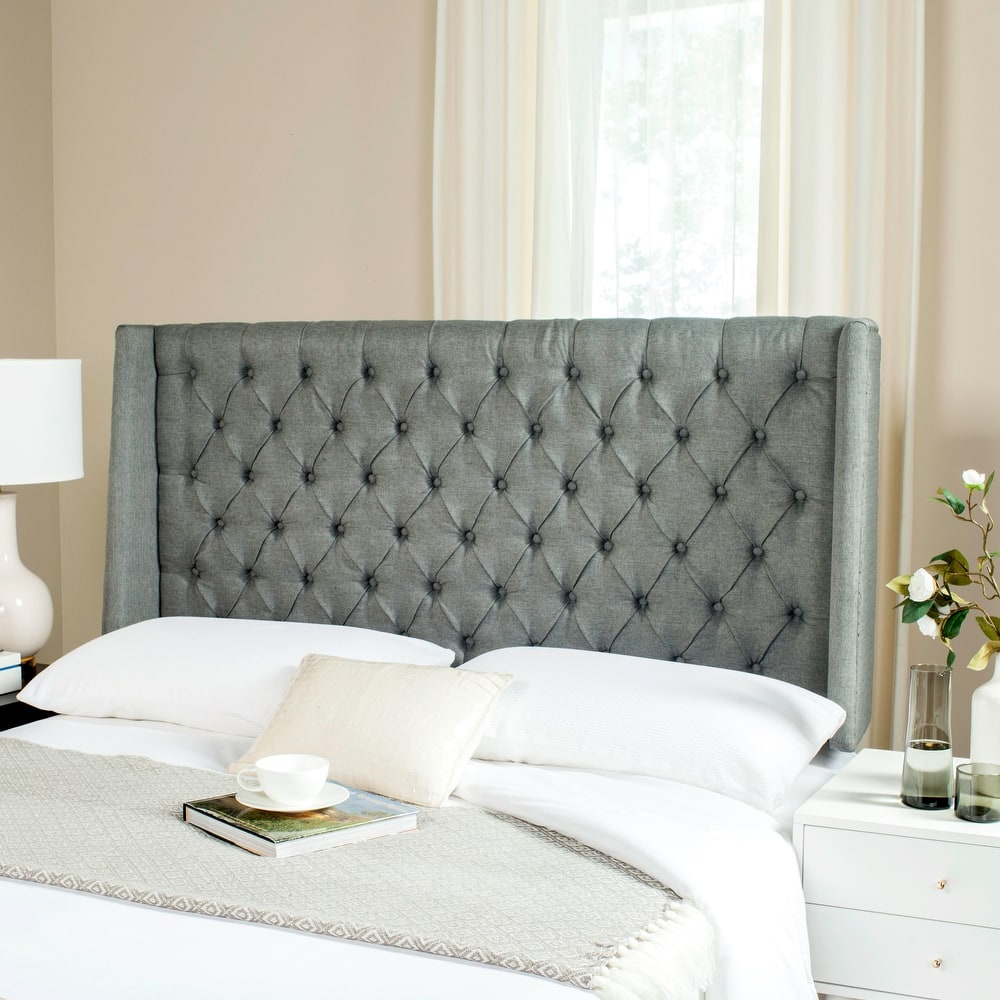 SAFAVIEH Shandra Taupe Linen Upholstered Tufted Wingback Headboard (Full)