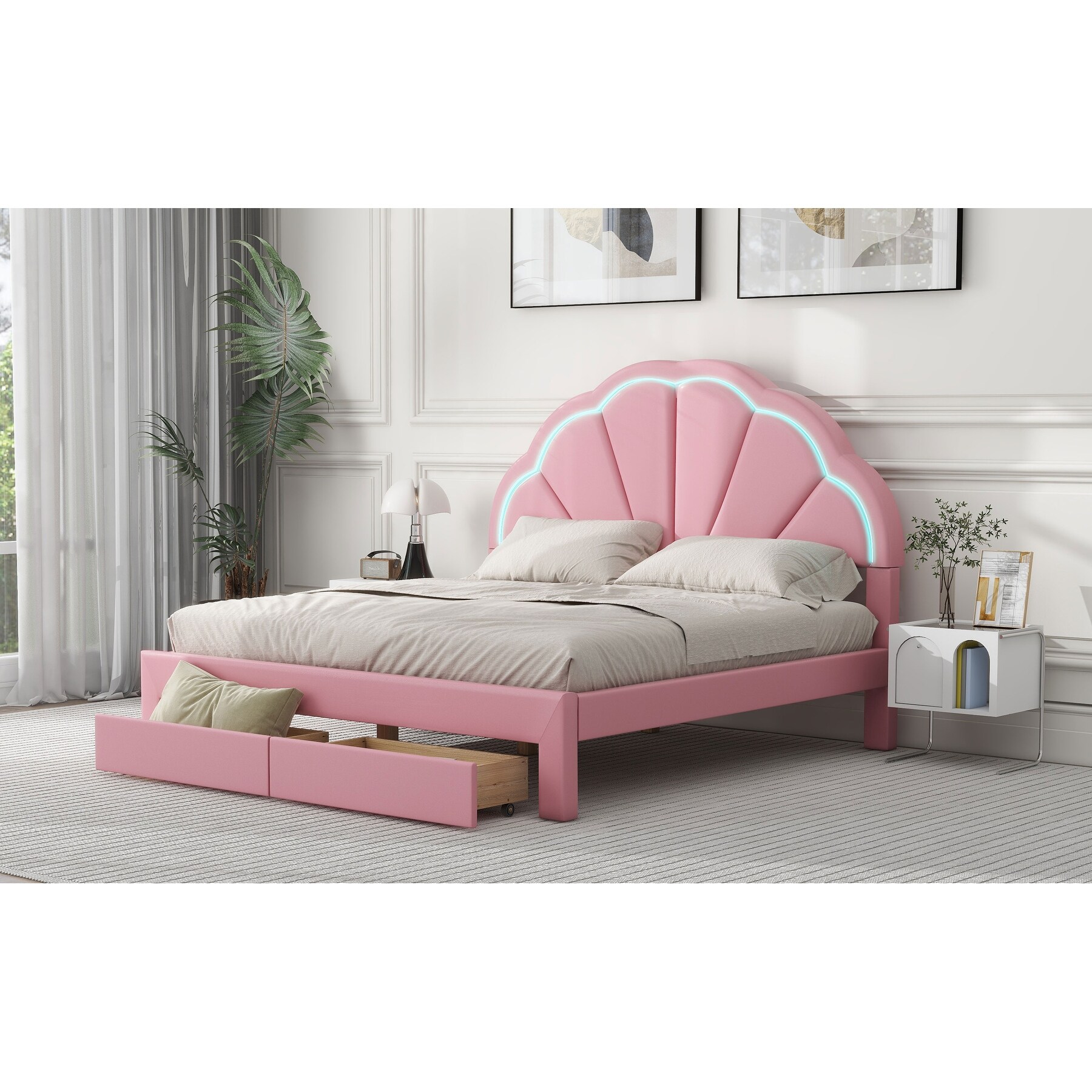 Queen Size Upholstered Platform Bed with Seashell Shaped Headboard