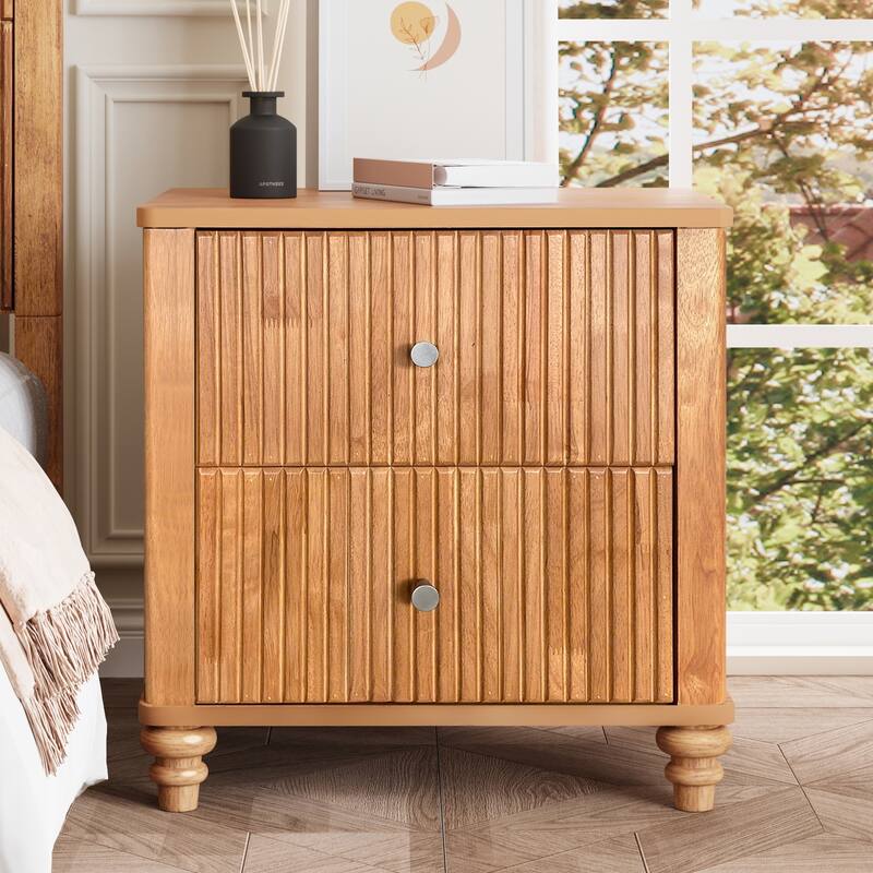 GDFStudio Mid-Century Fluted 3-Drawer Wooden Nightstand with Metal Handles - Natural-Single