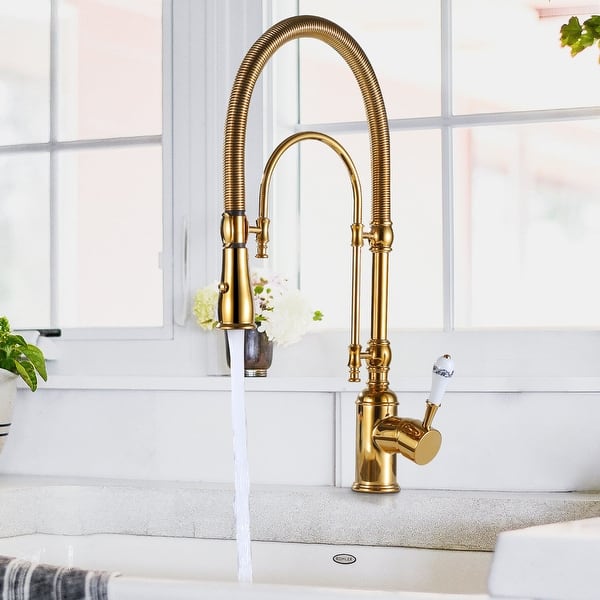 Brushed Gold Kitchen Faucet With Pull-Down Sprayer - High Arc Modern Sink Faucet For 1 Or 3 Hole Installation