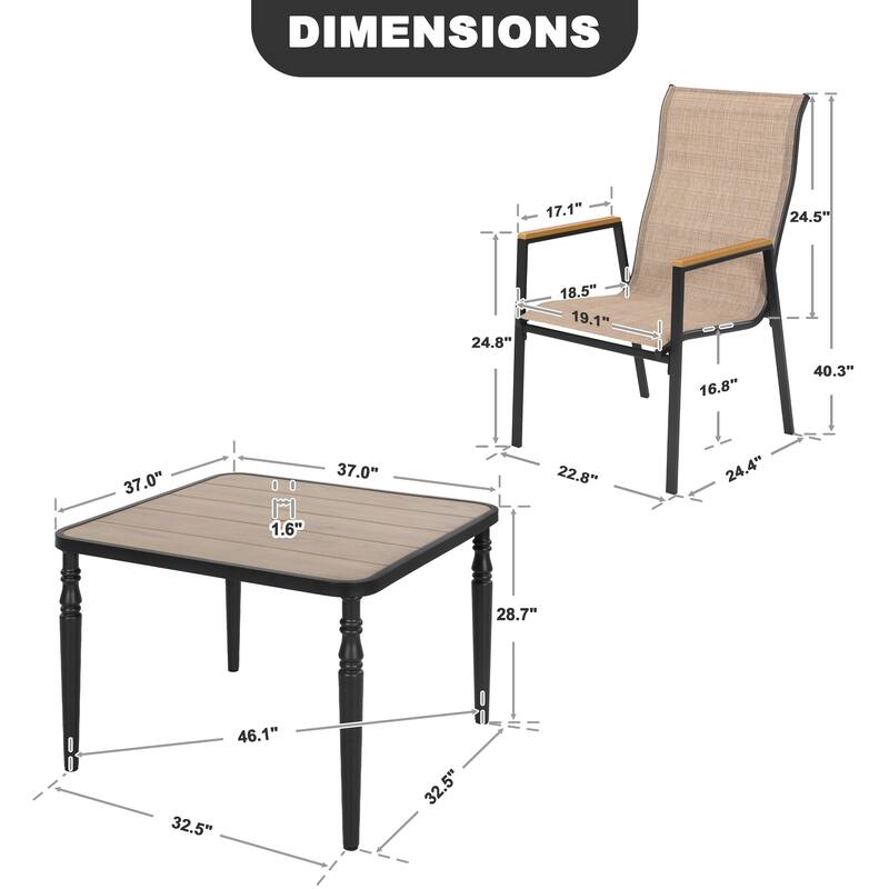 5-Piece Textilene Patio Dining Set with Umbrella Hole, Stackable Design