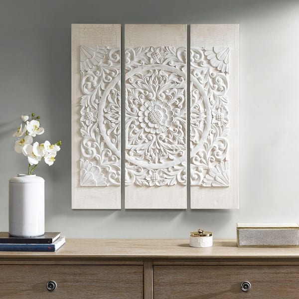 slide 2 of 7, Madison Park Mandala Triptych 3-Piece Dimensional Resin Canvas Carved Medallion Wooden Wall Art Set Framed - Off White