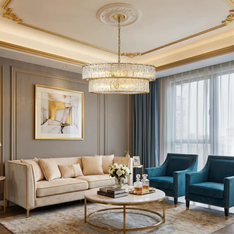 KAWOTI 2-Tier Modern Glam Chandelier with Textured Glass