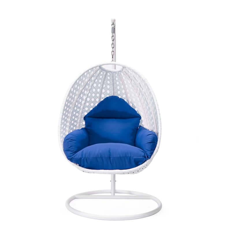 Patio Hanging Egg Swing Chair with White Wicker Shell and Iron Frame for Indoor Outdoor Patio Porch Garden Backyard