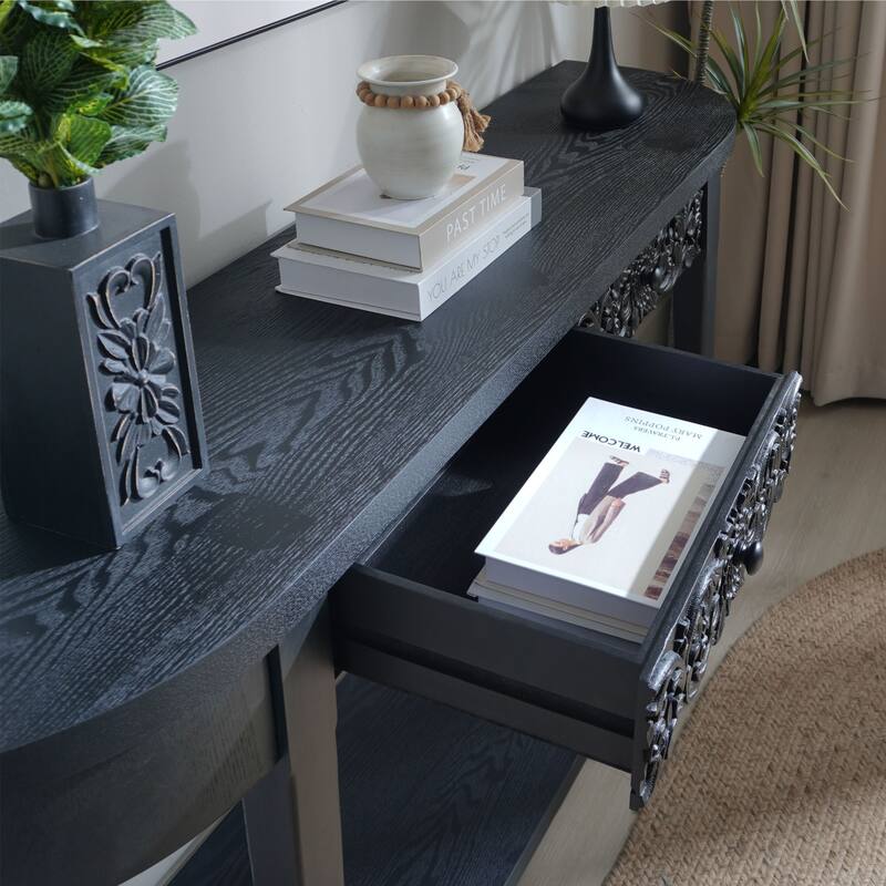 59.2" Carved Wooden Console Table with Lower Storage Shelf and 2 Drawers