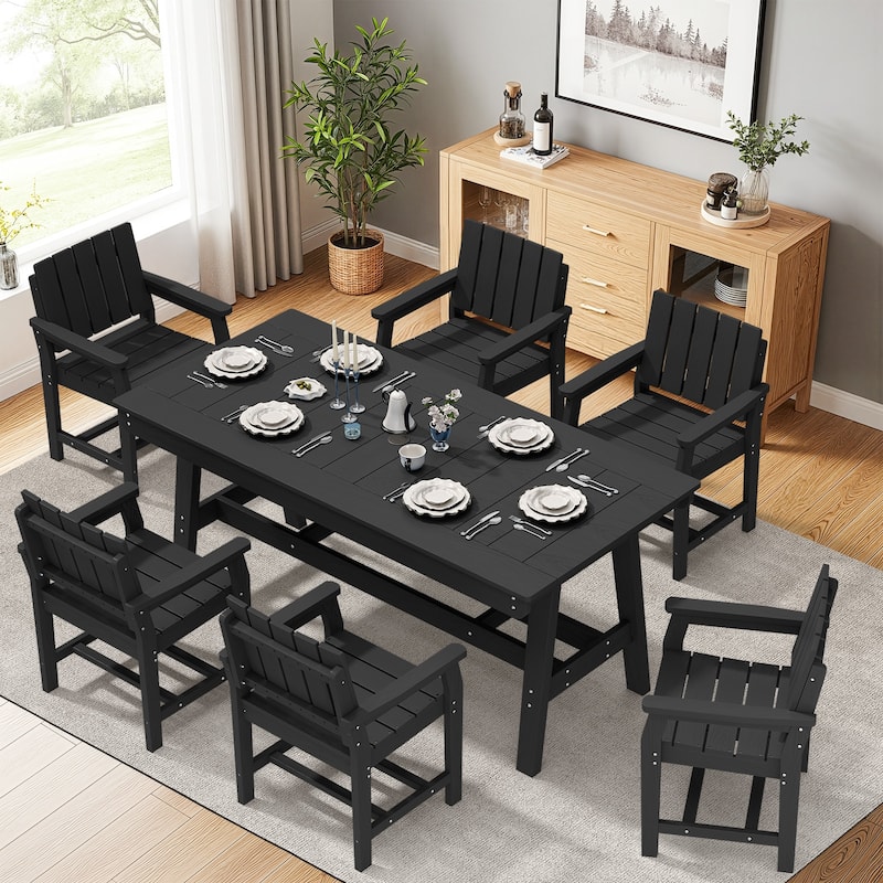 7-Piece HDPE Outdoor & Indoor Dining Set, Rectangular 67.91in L Table with Umbrella Hole and 6 Chairs Set of 7, Wood-Look Finish