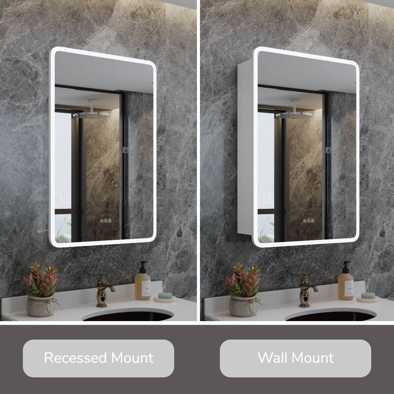 Rounded Edge LED Medicine Cabinet with Mirror, Dimmable, Anti-fog, Adjustable Shelves, Recessed or Wall Mount, ETL Certified