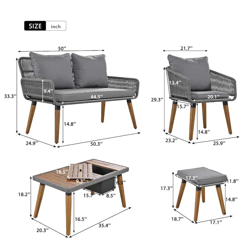 6-Piece Outdoor Patio Rope Conversation Sofa Set with Acacia Wood Cool Bar Table and 2 Stools