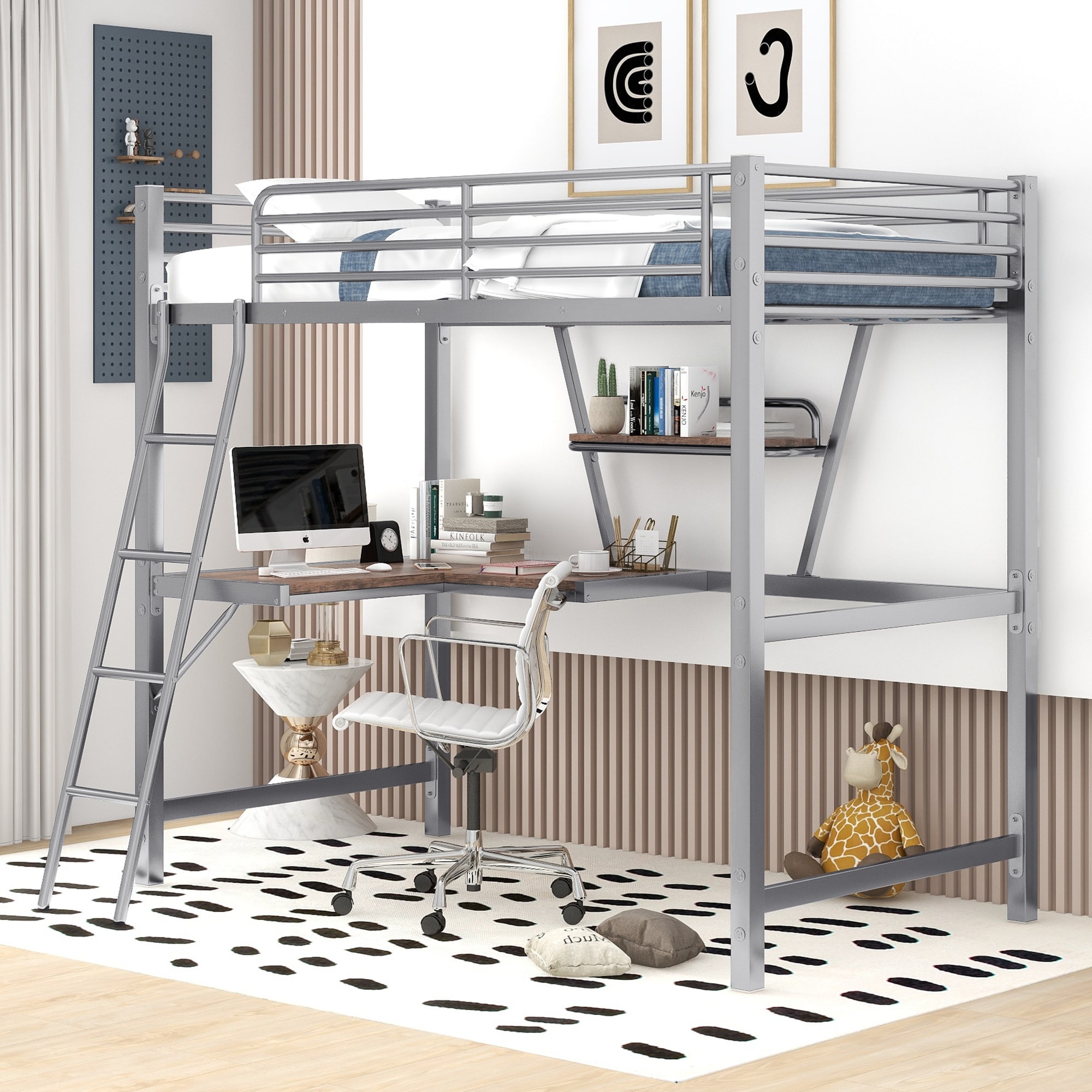 Metal loft bed with new arrivals desk and shelves