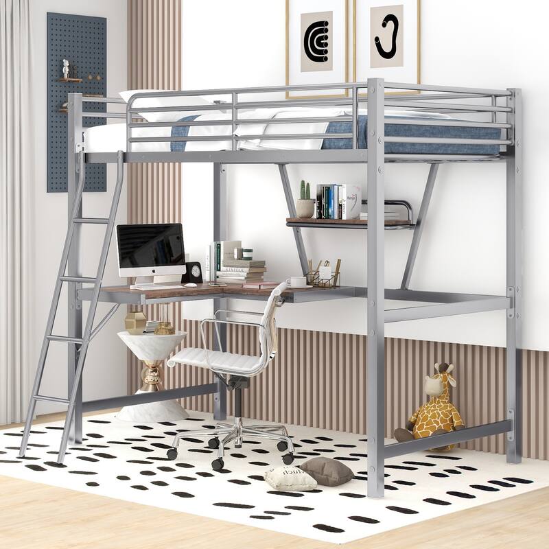 Twin Size Loft Bed with Desk and Shelf, Metal & MDF Frame, Black