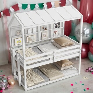Twin over Twin House Loft Bed with Guardrails,Roof,Shelves and Ladder for home