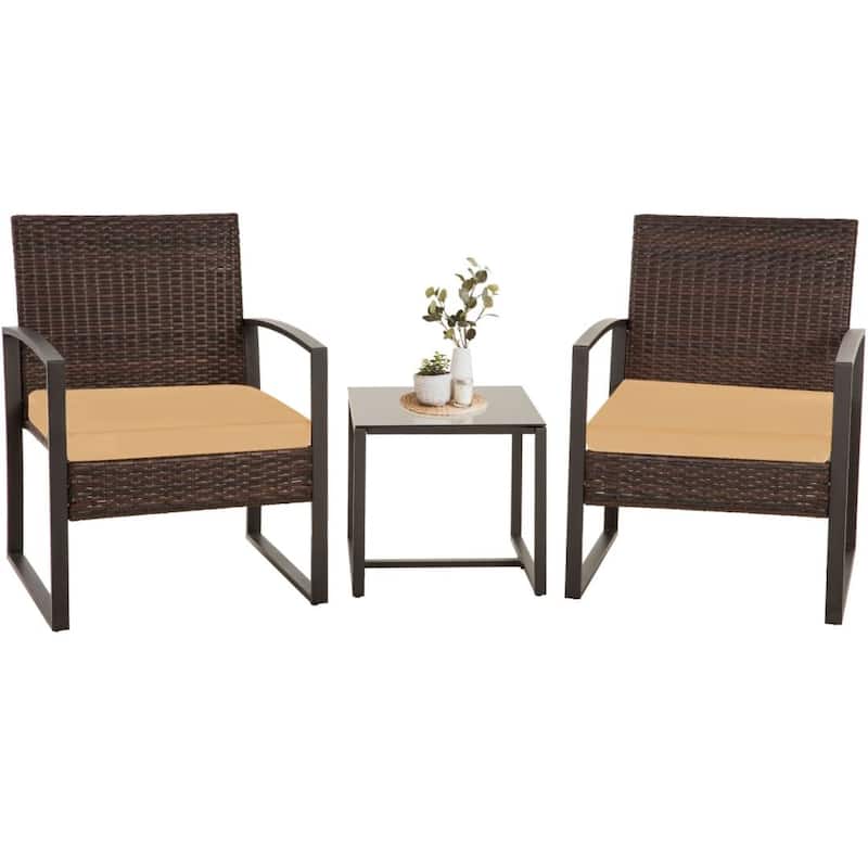 3-Piece Wicker Bistro Set, Outdoor Patio chairs & Coffee Table - set of 3 - Brown/Brown