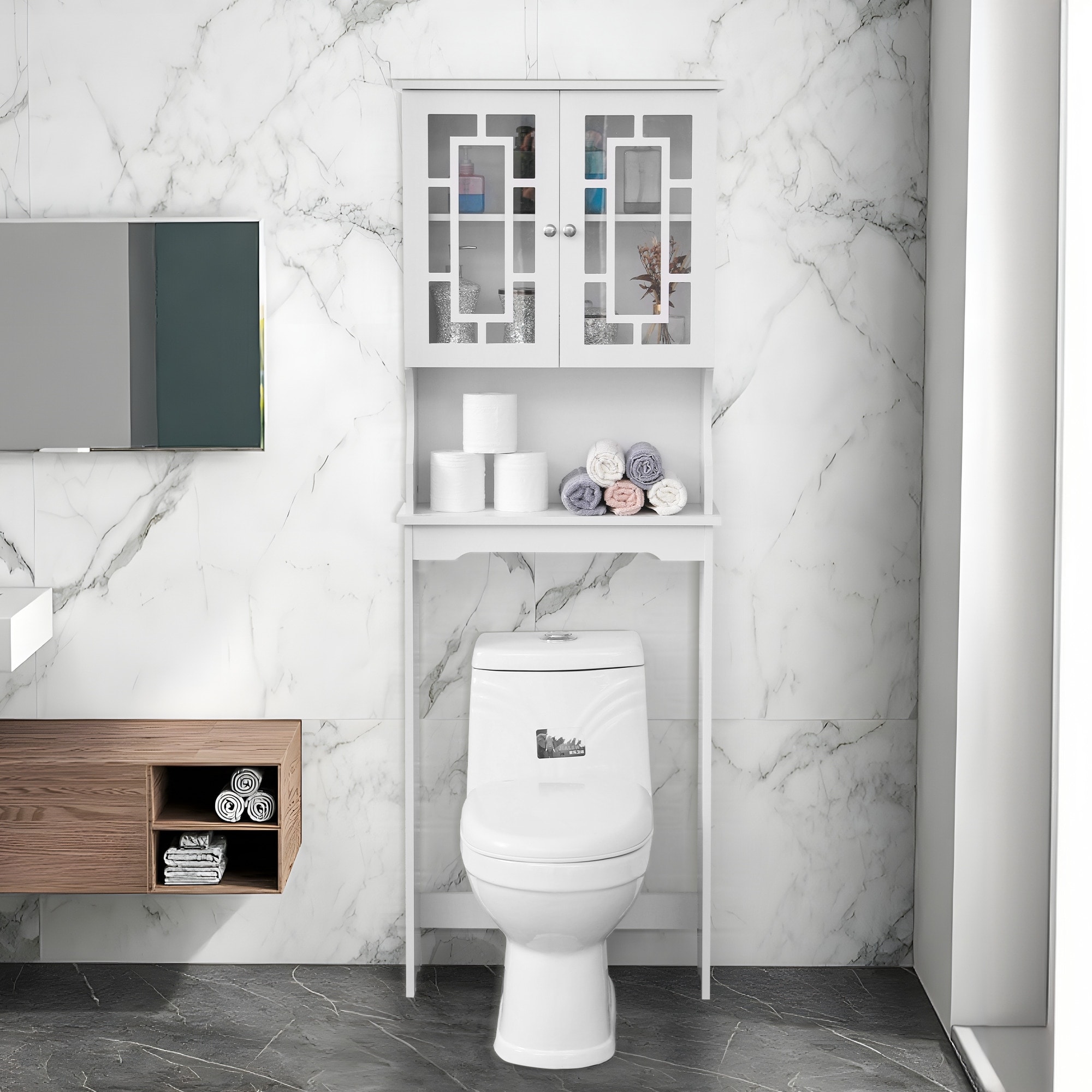 EROMMY Bathroom Organizer Over-The-Toilet Storage, Wooden Unit with 2 Glass Doors & Adjustable Shelf for Bathroom Use