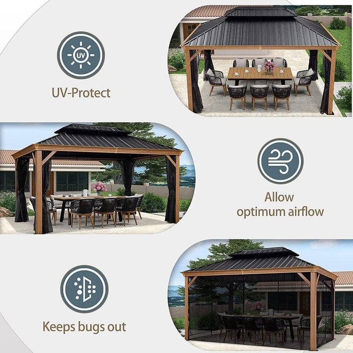 PURPLE LEAF Double Top Outdoor Wood Grain Sunroom Screen House Patio Hardtop Gazebo