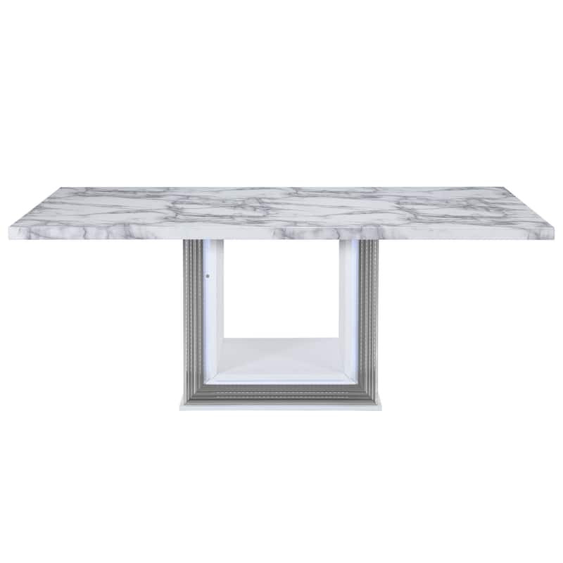 HomeRoots 79" Light Gray and White Marble and Wood Pedestal Base Dining Table - 78.7 in. x 30 in. x 39.4 in.
