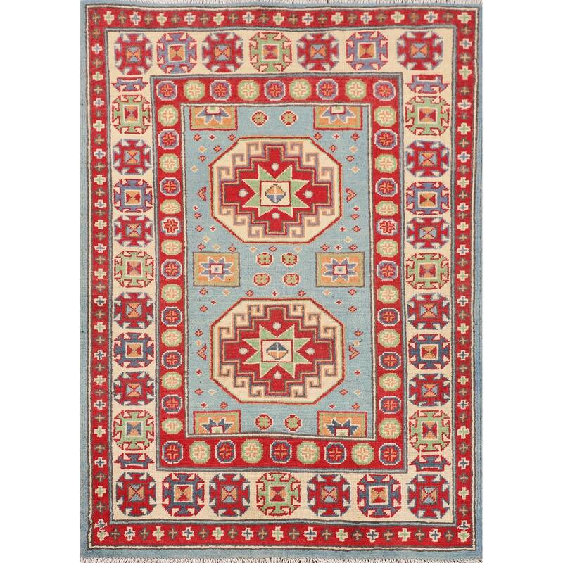 Light Blue Geometric Kazak Accent Rug Handmade Wool Carpet - 2'8" x 3'10"