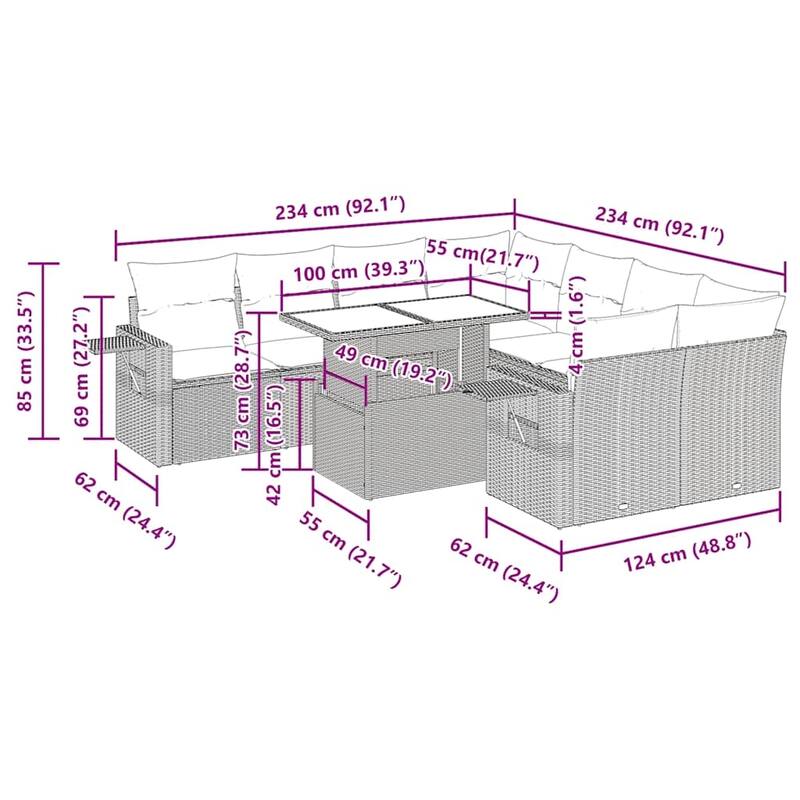 vidaXL Patio Sofa Set with Cushions Table and Couches 9 Piece Poly Rattan - 24.4 x 24.4 x 27.2
