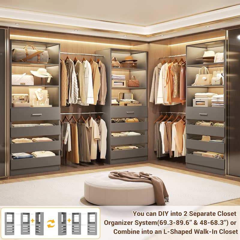 140'' Walk-in Closet Organizer System with 12 Drawers ＆ 4 Hanging Rods, 8.5-11.5FT Wooden Wardrobe Clothes Rack with 3 Towers