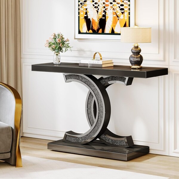 39 Inch Mirrored Console Table for Entryway Modern Silver Glass Sofa Table with Sparkling Crystal Inlays