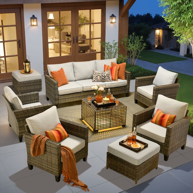 OVIOS 8 Pieces Outdoor Wicker Sectional Set With Solar-Powered CoffeeTable - Grey