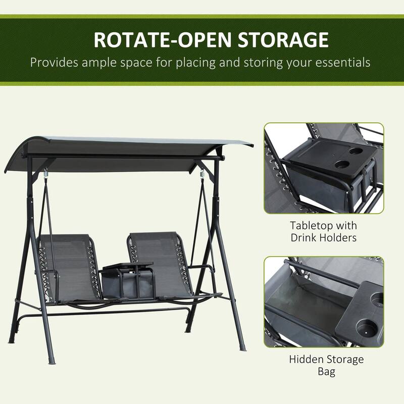 2-Seater Porch Swing with Pivot Table, Cup Holder, Adjustable Canopy