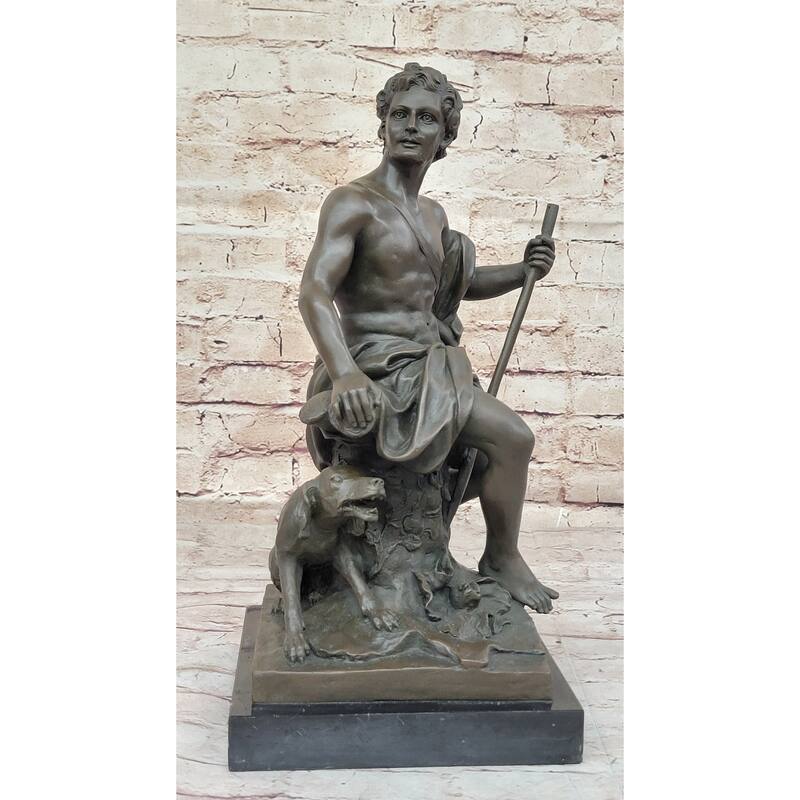 Muscular Male Shepherd With His Imitative Dog - Bronze Sculpture By Barbedienne On Marble Base